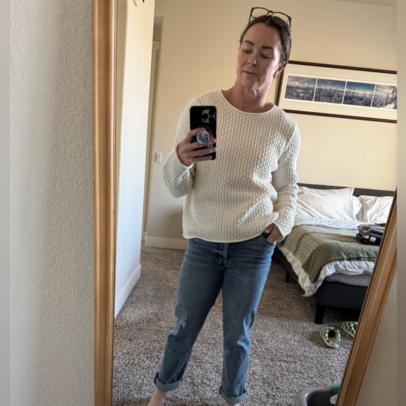 Liz Claiborne Wo’s Large Sweater White Cotton-Knit Rolled Hem Vintage Round Neck - Picture 3 of 14